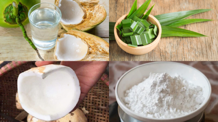 Một số nguyên liệu làm món nước dừa trân châu lá dứa.